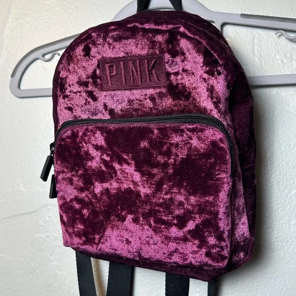 Victoria’s Secret PINK Burgundy Crushed Velvet Mini Backpack | Logo Straps | Zip Victoria main image 4